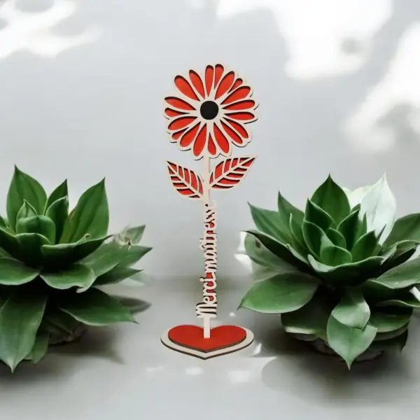 🌹 Fleur en Bois Personnalisée avec Socle Cœur